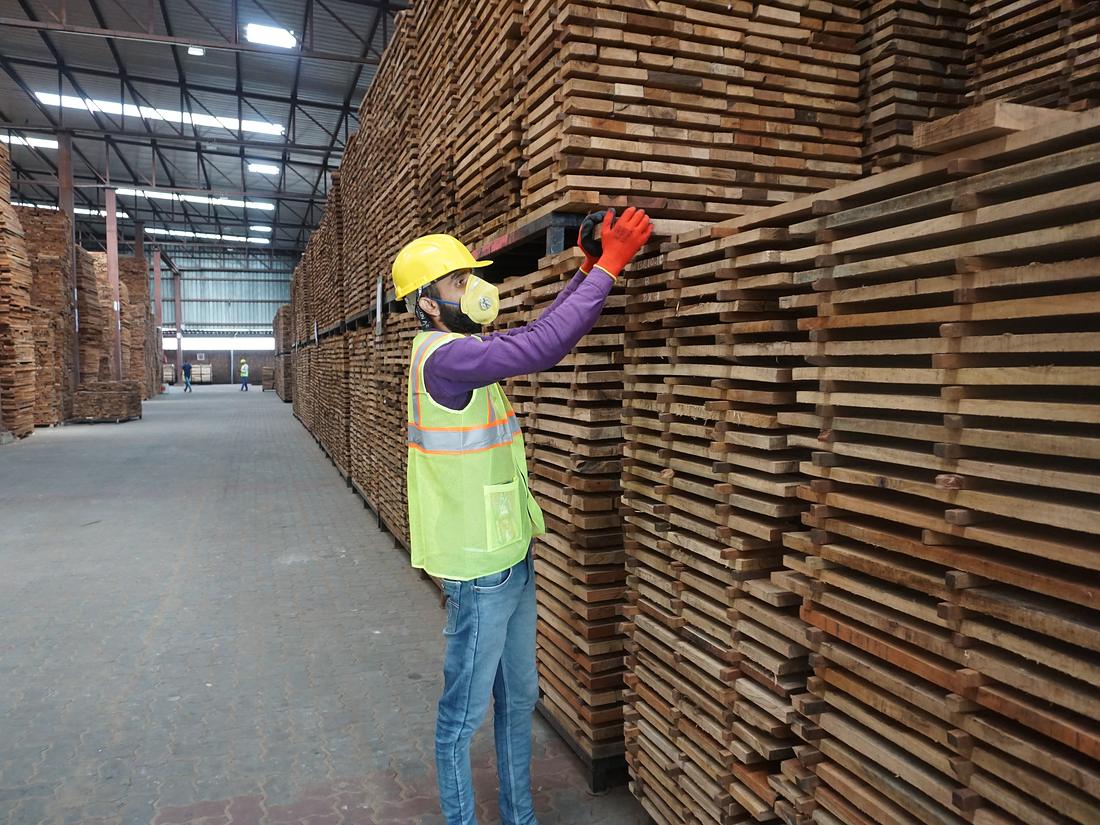 Graded sawn boards stacked to the roofline inside a Pooja Wood House store