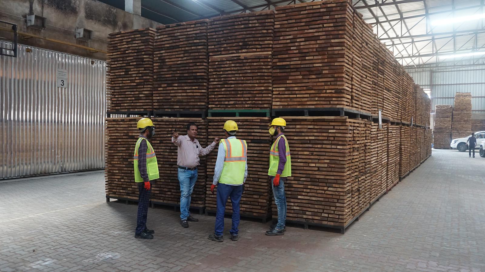 Four members of the Pooja Wood House team in hard hats and hi-vis vests inspecting a large stack of sawn timber