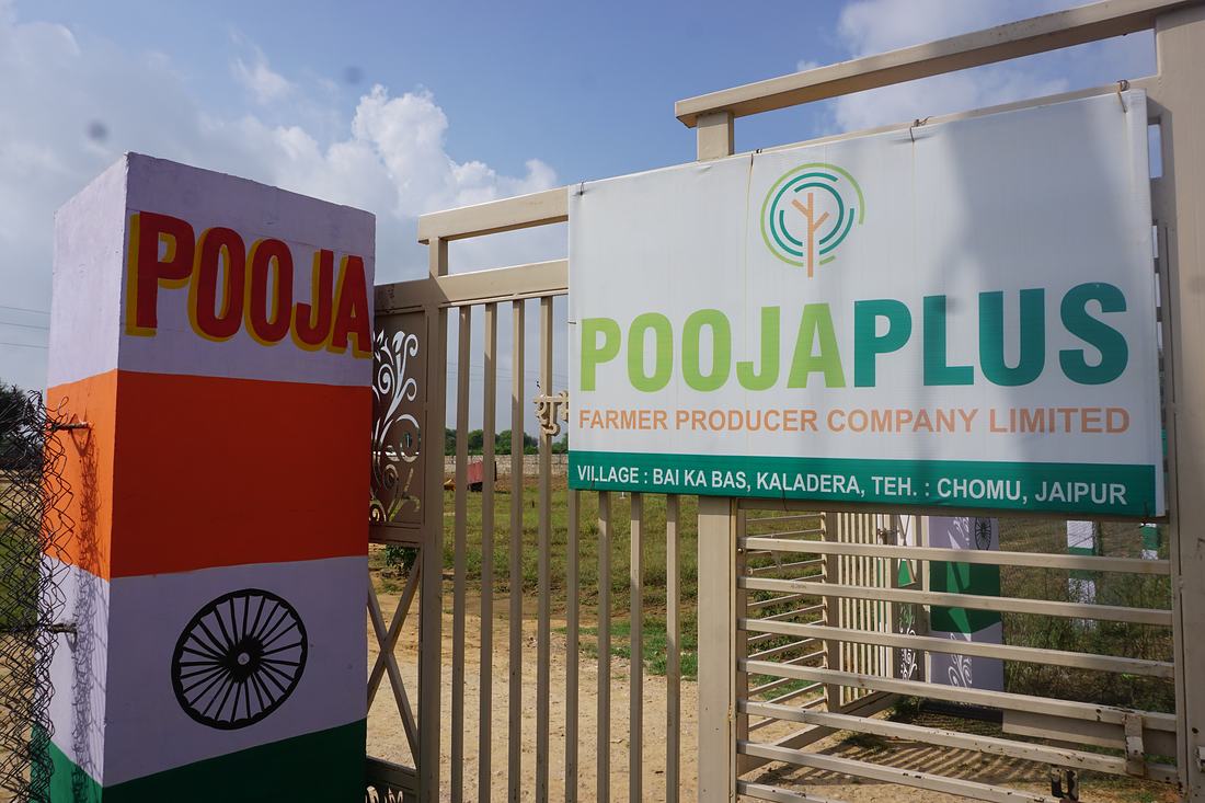 Signboard at the PoojaPlus Farmer Producer Company premises, Kaladera, Chomu